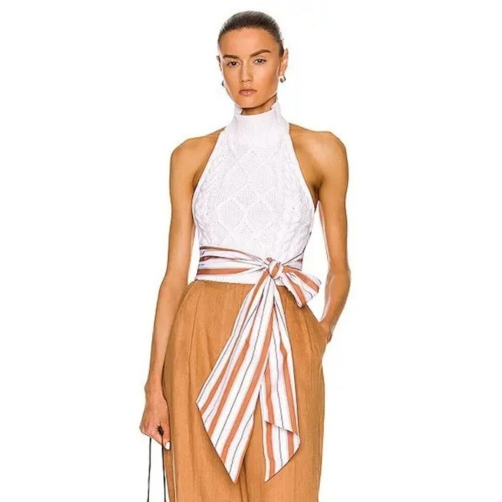 Rosie Assoulin Knit Halter Sash Crop Top in White Open Back Size 6 NWT